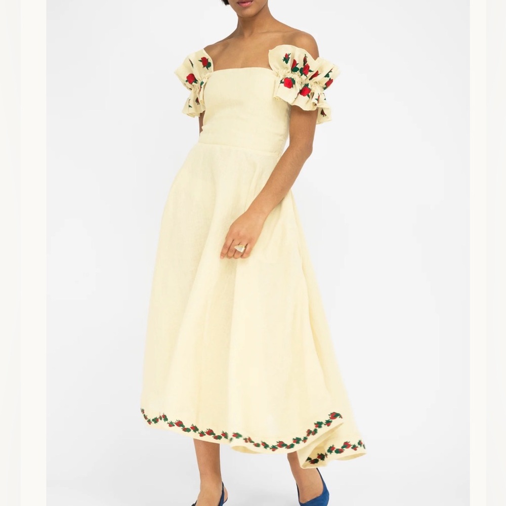 Fanm Mon butter yellow off the shoulder linen dress, size S